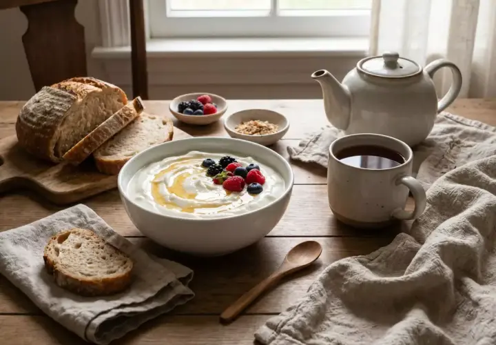 Colazione con yogurt fatto in casa, pane fresco, frutti di bosco e tè. Ecco come si fa lo yogurt: semplice e delizioso.