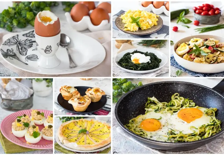 Uova e stracchino in diverse preparazioni: sode, strapazzate, in camicia, in tortini, in insalata di pasta e in padella con zucchine.