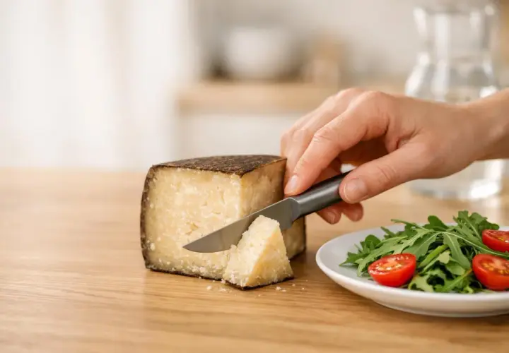 Mano affetta pecorino, pensando alle calorie. Accanto, un'insalata fresca con pomodorini.
