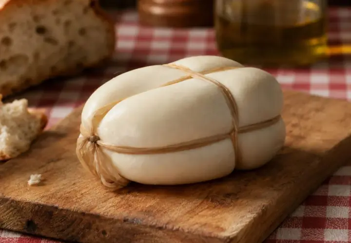 Formaggio provola legato con spago su tagliere di legno, accanto a pane e olio. Ricorda che la provola contiene lattosio.