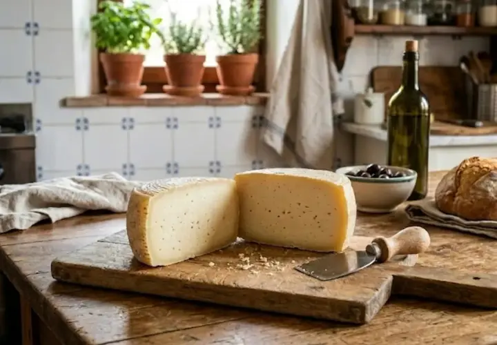 Formaggi a pasta cruda su tagliere rustico, con pane, olive e bottiglia di vino.