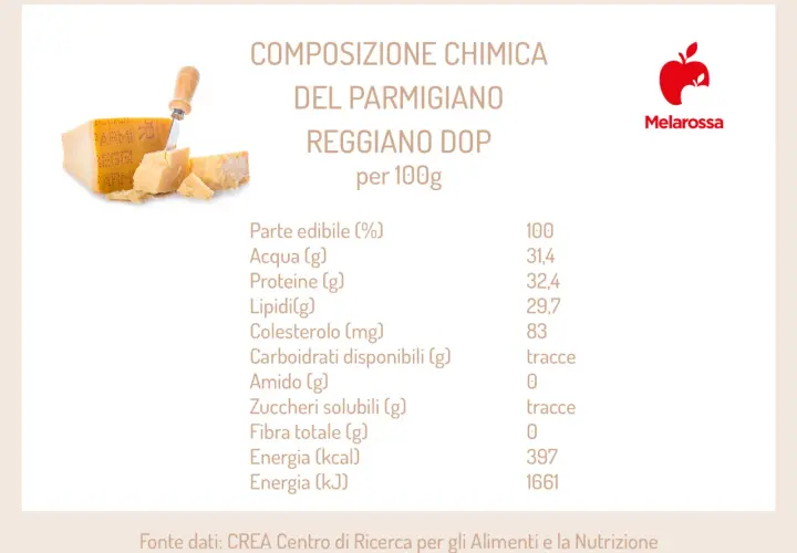 Composizione chimica del Parmigiano Reggiano DOP per 100g: 397 kcal. Dati nutrizionali completi per un alimento gustoso.
