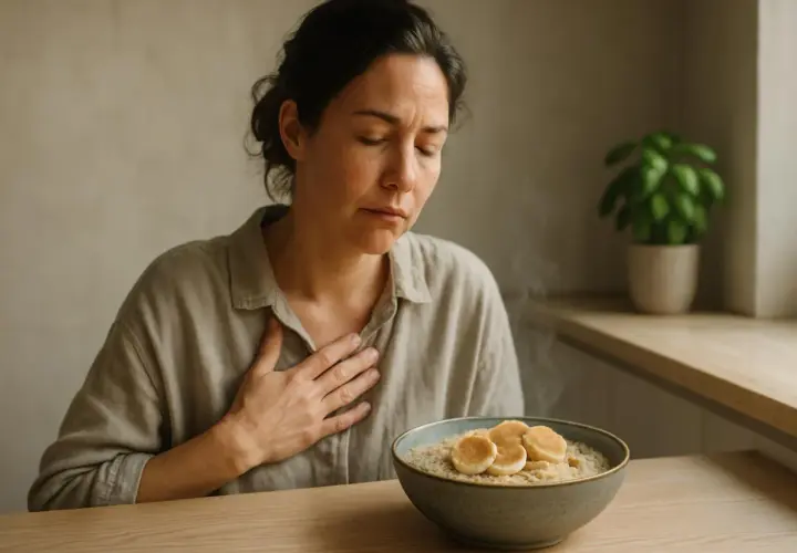 Donna con mano sul petto, con espressione sofferente, davanti a una ciotola di porridge. Forse la ricotta fa male allo stomaco.