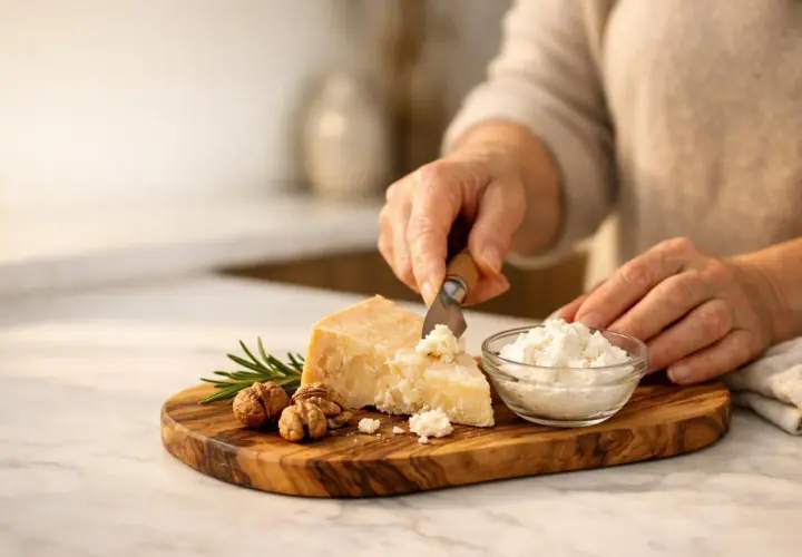 Mani che tagliano parmigiano su tagliere con noci e rosmarino. Un aiuto per chi soffre di artrosi.