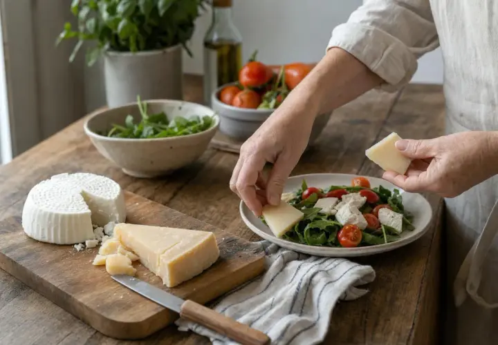 Mani aggiungono cubetti di formaggio a un'insalata fresca. Sul tagliere, un tomino e un pezzo di parmigiano, ingredienti perfetti per un piatto gustoso e con moderato colesterolo.