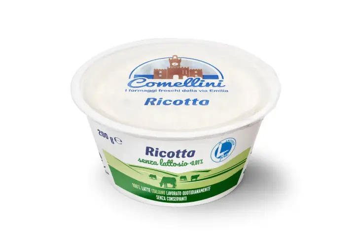 Ricotta Comellini senza lattosio, 200g. Un formaggio fresco che, come la ricotta, contiene caseina, ideale per chi cerca leggerezza.