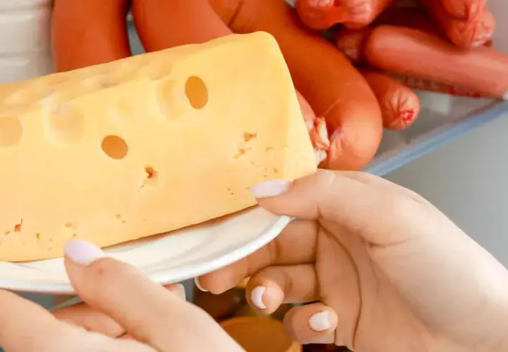Mano prende un pezzo di formaggio svizzero da un frigorifero pieno di salumi. Formaggi salutari per uno spuntino.
