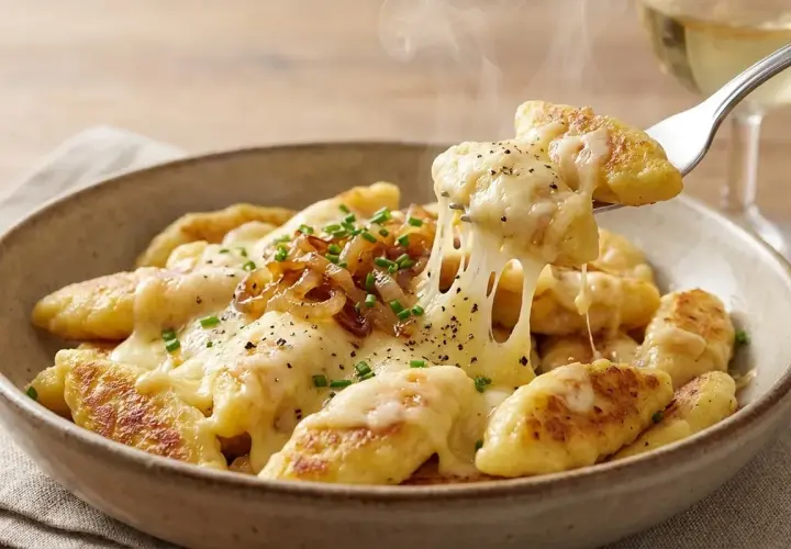 Gnocchi dorati ricoperti di formaggio fuso filante, cipolle caramellate e erba cipollina. Una deliziosa ricetta per un piatto confortante.