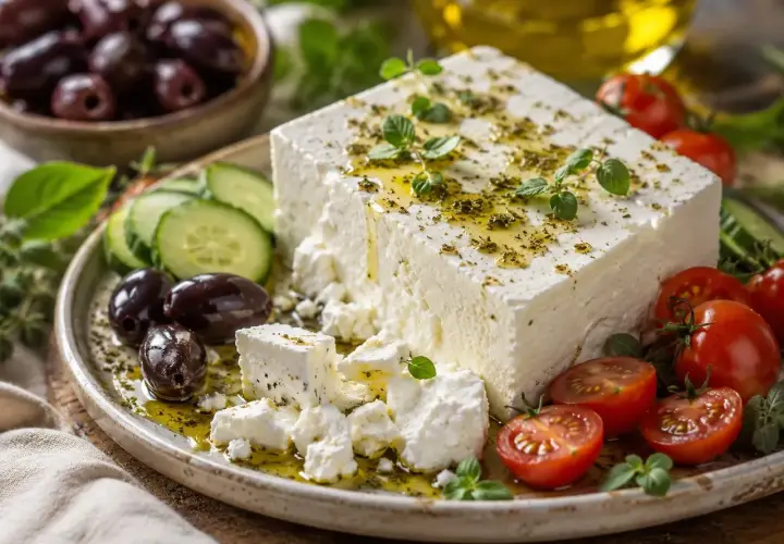 Un blocco di feta, formaggio di capra, condito con erbe e olio, servito con pomodorini, olive e cetrioli.