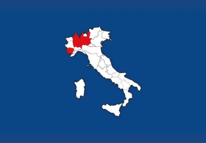 Mappa dell'Italia con evidenziate le regioni dove fanno il gorgonzola: Lombardia, Piemonte e Veneto.