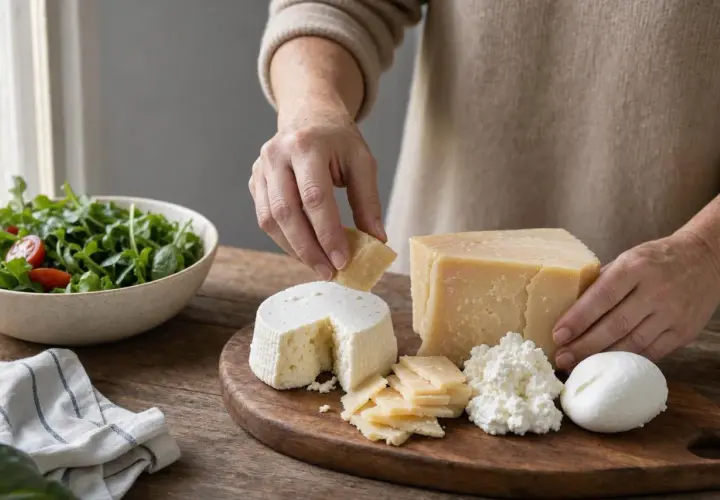 Selezione di formaggi su tagliere: ricotta, mozzarella, parmigiano e fette sottili, con un pezzo di provolone che ricorda il colesterolo.