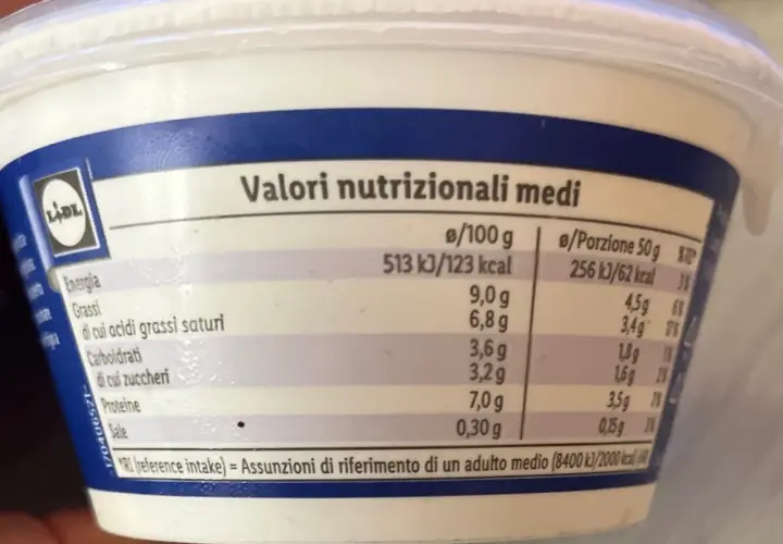 Etichetta nutrizionale di ricotta: 123 calorie per 100g. Grassi 9g, carboidrati 3,2g, proteine 7g.
