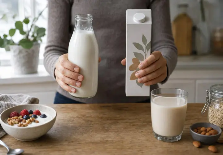 Una persona tiene una bottiglia di latte e un cartone di latte di mandorla. Sul tavolo ci sono una ciotola di yogurt con frutta e noci, un bicchiere di latte e ingredienti per la colazione. Le pecore fanno il latte sempre, ma qui si celebra il latte ve...