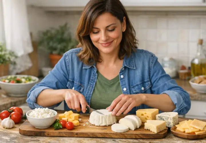 Donna sorridente prepara un tagliere di formaggi, tra cui un formaggio spalmabile, pensando a come gestire il colesterolo con gusto.