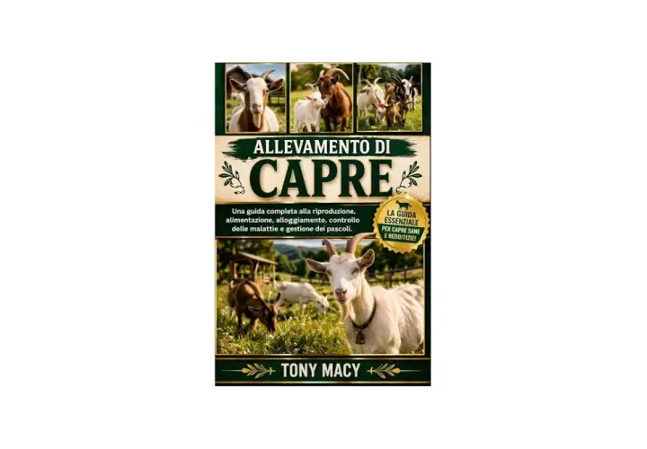 Copertina libro "Allevamento di capre", con immagini di capre siciliane e dettagli su riproduzione, alimentazione e salute.