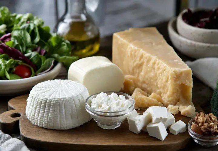 Varietà di formaggi freschi e stagionati, ideali per chi si chiede che formaggi si possono mangiare con il colesterolo alto.