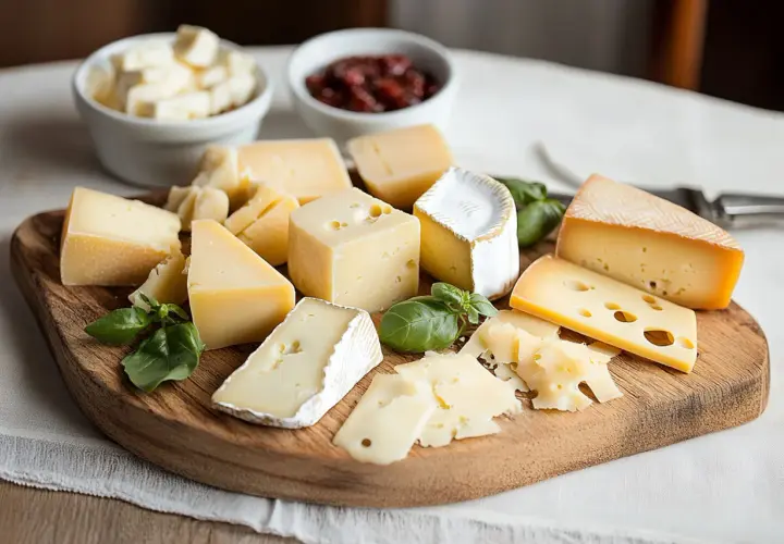 Selezione di formaggi su tagliere di legno, tra cui spicca un delizioso formaggio di capra, accompagnato da basilico fresco e marmellata.