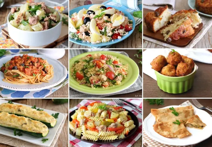 Nove piatti diversi, tra cui insalate di patate e tonno, pasta, couscous e frittelle. Attenzione: tonno e formaggio insieme fa male!