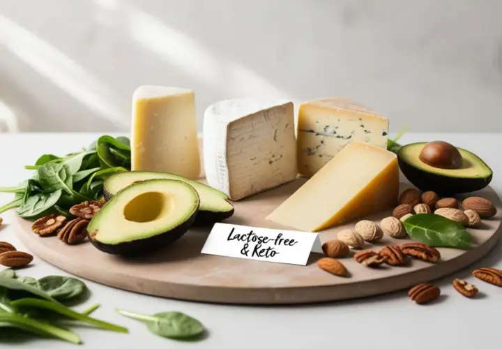 Selezione di formaggi, avocado, spinaci e frutta secca, perfetti per una dieta chetogenica.