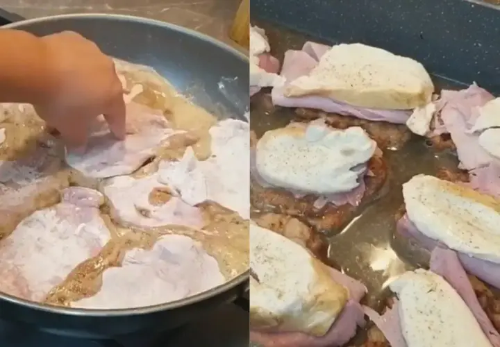 Scaloppine alla valdostana in padella e poi in teglia con prosciutto e fontina.