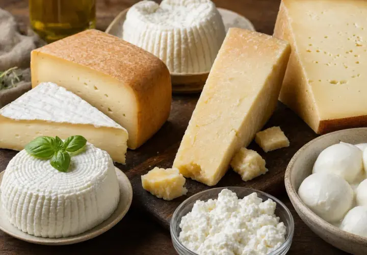 Varietà di formaggi, alcuni con più colesterolo, tra cui mozzarella, ricotta e parmigiano, disposti su un tagliere di legno.