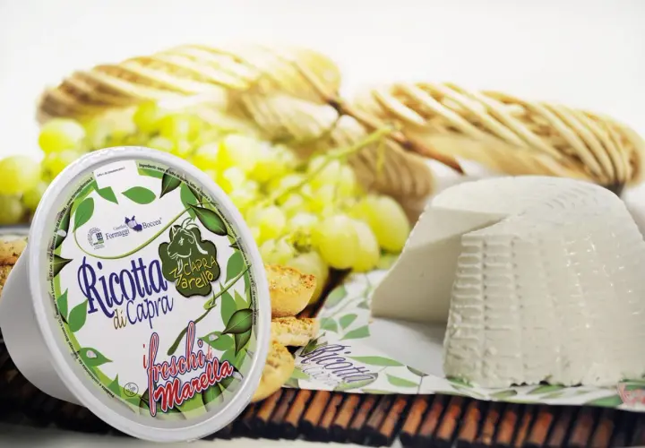 Formaggi di capra: ricotta fresca e un formaggio a forma di cono, accompagnati da uva e crostini.