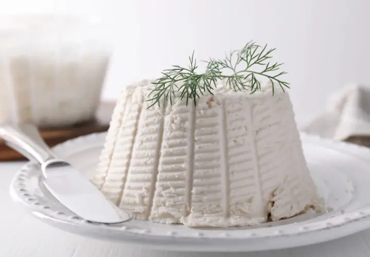 Ricotta fresca su piatto bianco, guarnita con aneto. La sua consistenza soffice rivela cosa contiene la ricotta: pura bontà.