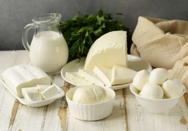 Varietà di formaggi freschi e latte. Attenzione, la robiola fa ingrassare se consumata in eccesso.