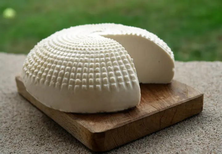 Formaggio fresco a forma di cupola, con una texture a griglia, su un tagliere di legno. Una fetta è stata rimossa, rivelando la morbida ricotta vaccina.