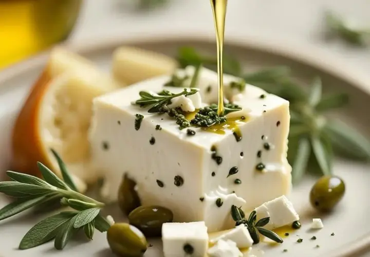 Un blocco di feta grassi, condito con erbe aromatiche e olive, viene irrorato con olio d'oliva dorato.