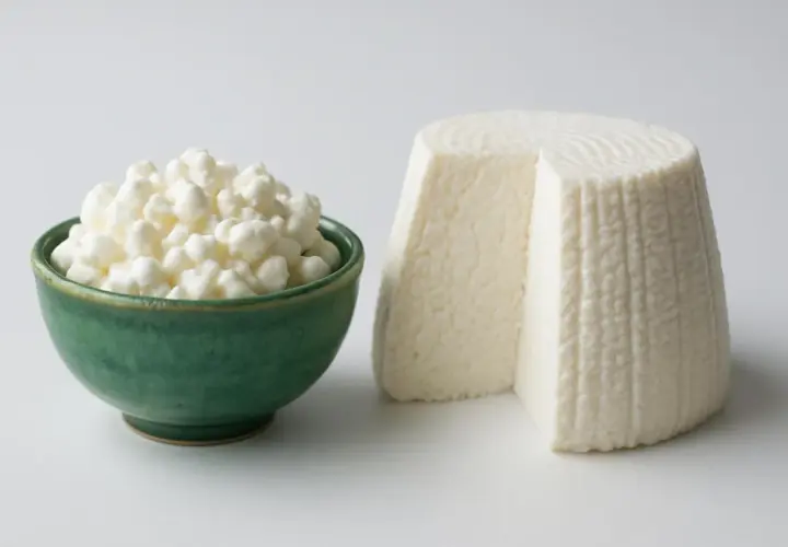 Formaggio fresco e fiocchi di latte, un'ottima fonte di formaggio con più proteine per una dieta equilibrata.