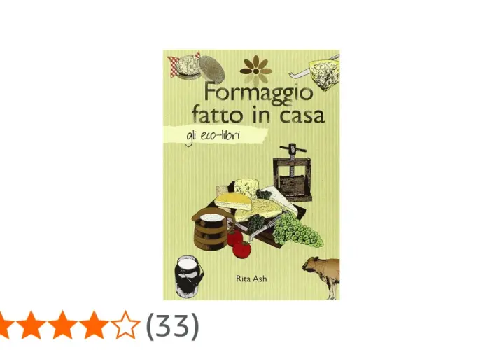 Copertina del libro "Formaggio fatto in casa", con illustrazioni di formaggi, una pressa, latte e uva. Guida per imparare come fare il formaggio in casa.