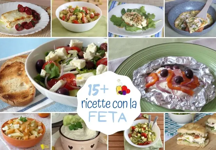 Collage di piatti con feta greca: insalate, pasta, tortini e panini. Scopri 15+ ricette con la feta per piatti freschi e gustosi.