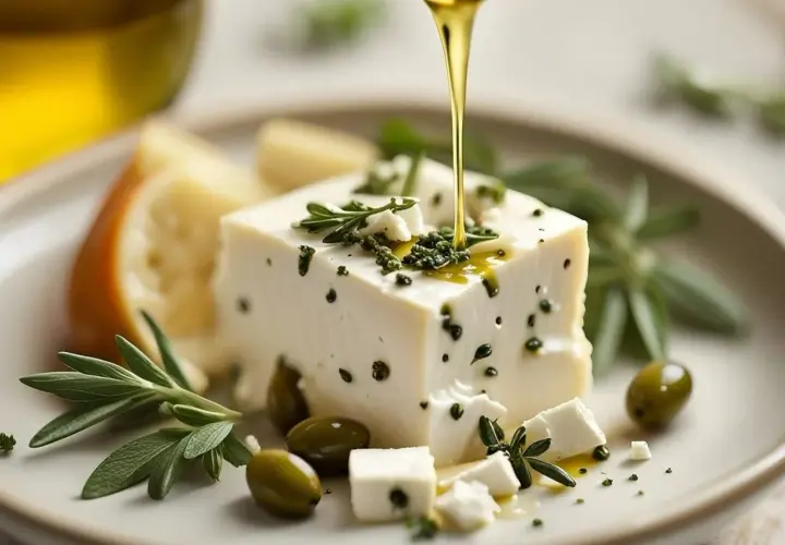 Un blocco di la feta, condito con erbe aromatiche e pepe, viene irrorato da un filo d'olio d'oliva dorato. Olive verdi e rametti di rosmarino completano la composizione su un piatto chiaro.