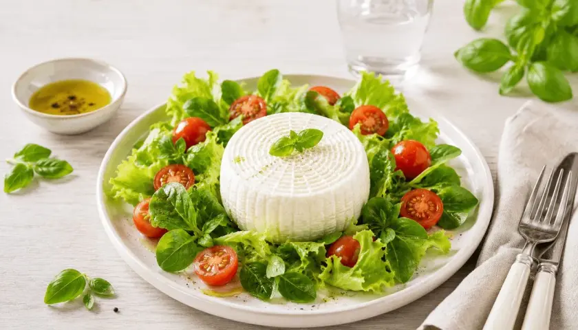 Insalata fresca con un disco di primo sale, pomodorini e basilico, condita con olio d'oliva.
