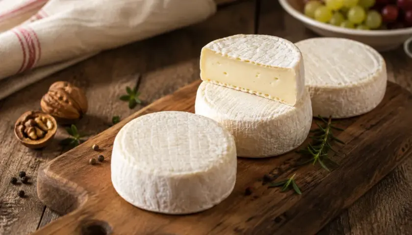 Formaggi rotondi con crosta bianca, uno tagliato rivela un interno cremoso. Perfetti per chi cerca un tuma lattosio gustoso.