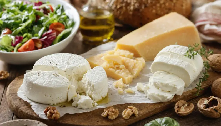 Selezione di formaggi freschi e stagionati, tra cui la feta, con insalata, pane e noci. Un piacere per il palato, ma attenzione al colesterolo!