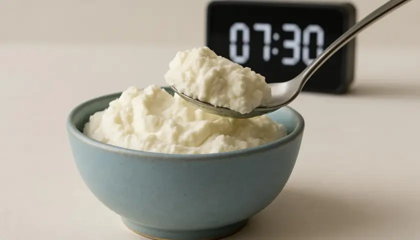 Ricotta cremosa in una ciotola, pronta per una colazione sana. Un nutrizionista la consiglierebbe per iniziare la giornata con energia.