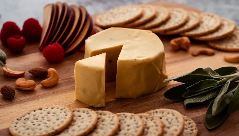 Un delizioso formaggio vegano, con lamponi, mele, frutta secca e cracker su un tagliere di legno.