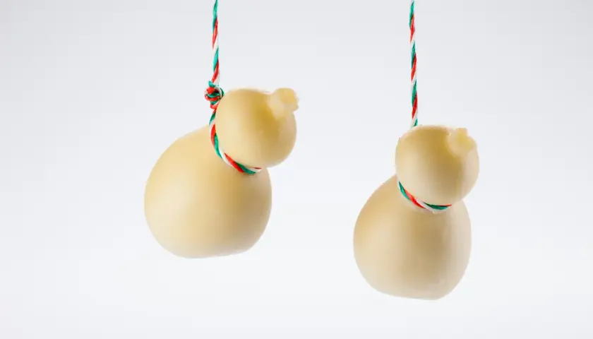 Due scamorze appese, una con la sua forma a pera, l'altra più tondeggiante. Entrambe sono legate con un filo tricolore. Ricorda che la scamorza contiene lattosio.