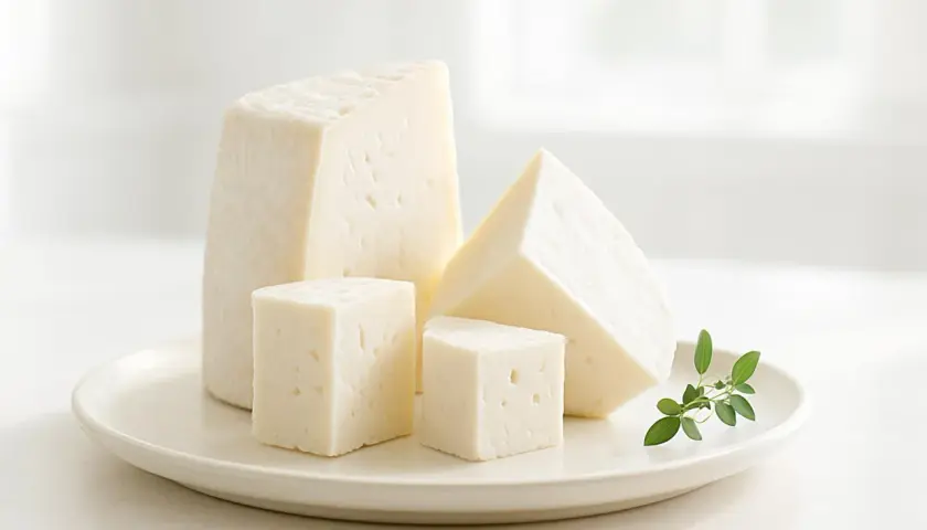 Formaggi freschi a cubetti e a spicchi su un piatto, con un rametto di erbe. Ideali per chi cerca un formaggino con poche calorie.