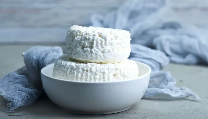 Due forme di ricotta magra impilate in una ciotola bianca, con un drappo grigio sullo sfondo.