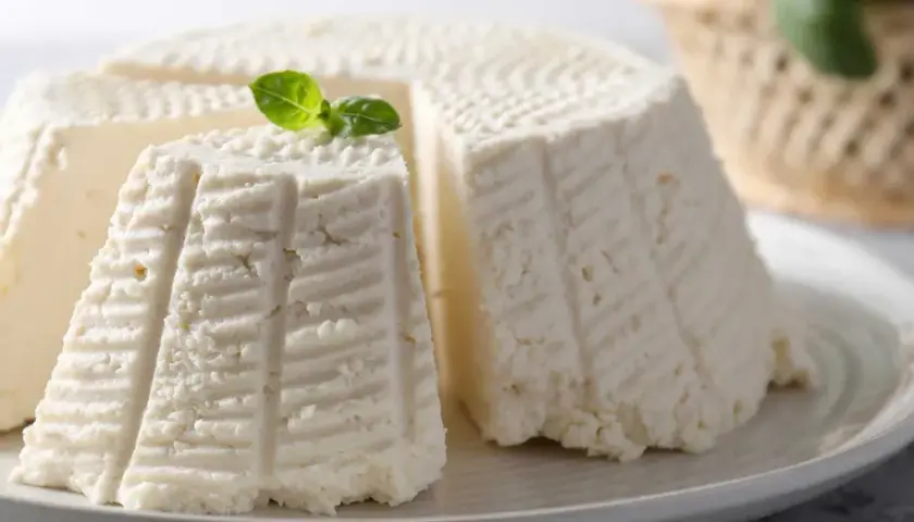 Formaggi freschi, uno a spicchi, con decorazioni a righe e un rametto di basilico. Perfetti per una deliziosa fonduta di Asiago.