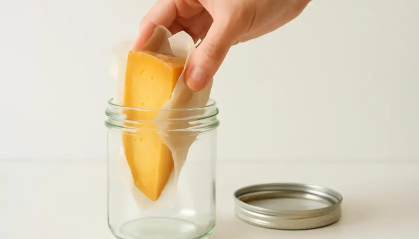 A hand places a wedge of cheese wrapped in parchment paper into a glass jar.