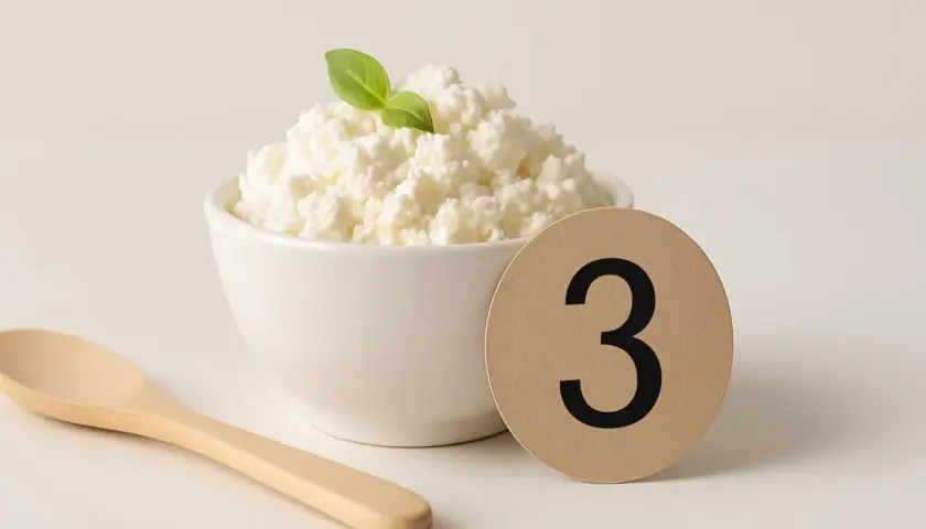 Ricotta di mucca fresca in ciotola, con cucchiaio e numero 3. Un alimento leggero, ma attenzione al colesterolo!
