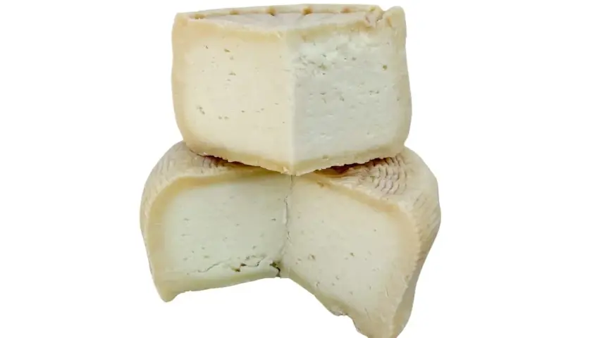 Due fette di formaggio, una sopra l'altra, con una crosta rigata. Quale preferisci: meglio formaggio di capra o pecora?