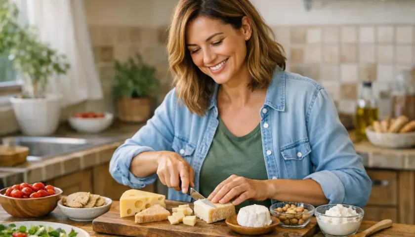 Donna sorridente prepara un tagliere con formaggi, tra cui feta greca, pomodorini e insalata. Un pasto gustoso, ma attenzione al colesterolo!