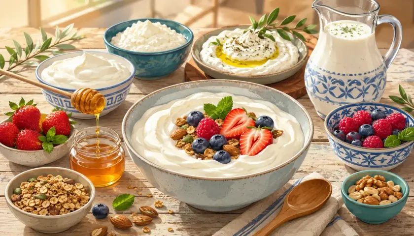 Una tavola imbandita con yogurt, frutta fresca, miele, granola e vari **formaggi** freschi, un invito a una colazione sana e gustosa.