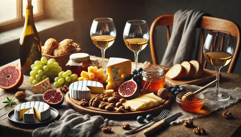 Un tavolo apparecchiato per degustazioni formaggi: vari tipi di formaggio, uva, fichi, noci, pane, miele e vino bianco.