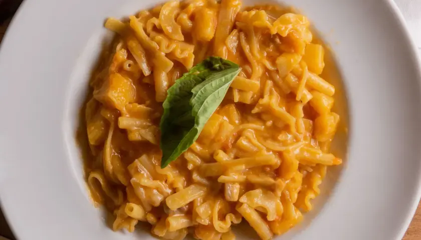 Piatto di pasta patate e provola cremoso, con un tocco di basilico fresco.